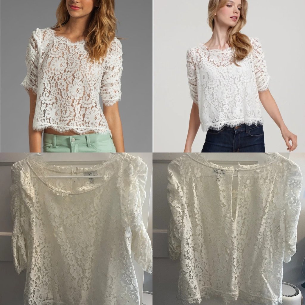 Joie White Lace Fanny Top Shortsleeve Boatneck Cropped Blouse $235 Medium Rare